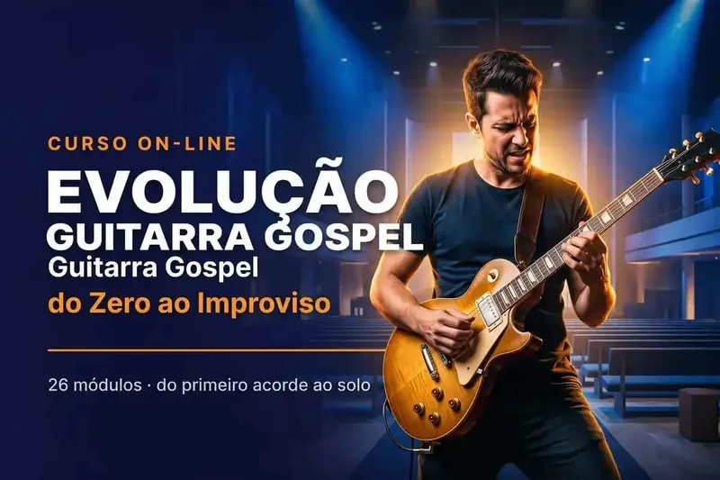 Capa do curso Evolução: Guitarra Gospel do Zero ao Improviso, com o desenho de uma guitarra