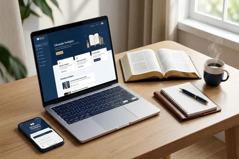 Computador portátil e telemóvel a exibir a plataforma online da Academia Teológica, numa secretária com uma Bíblia aberta e material de estudo.