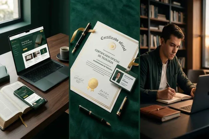 Computador portátil e telemóvel a exibir o painel de acesso ao Curso de Formação em Teologia, posicionados sobre uma secretária de madeira ao lado de uma Bíblia aberta e de uma chávena de café.