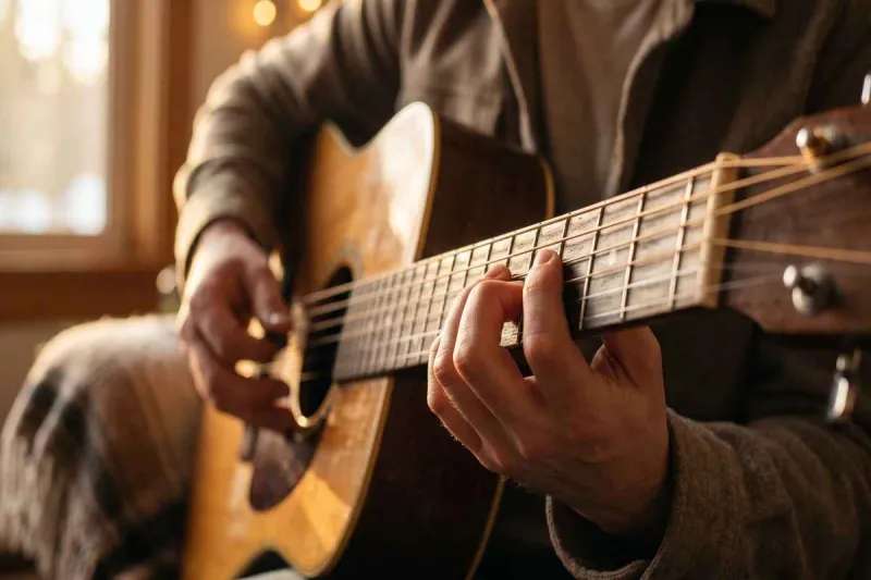 Pessoa tocando violão acústico, representando o aprendizado prático