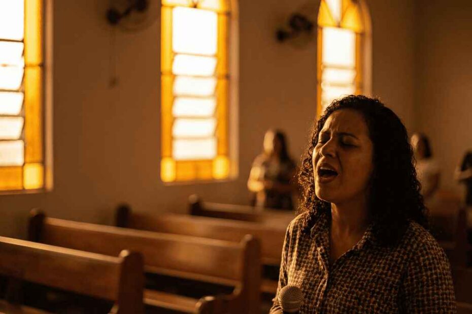 Qualquer pessoa pode cantar — mulher adorando a Deus na igreja com luz dourada