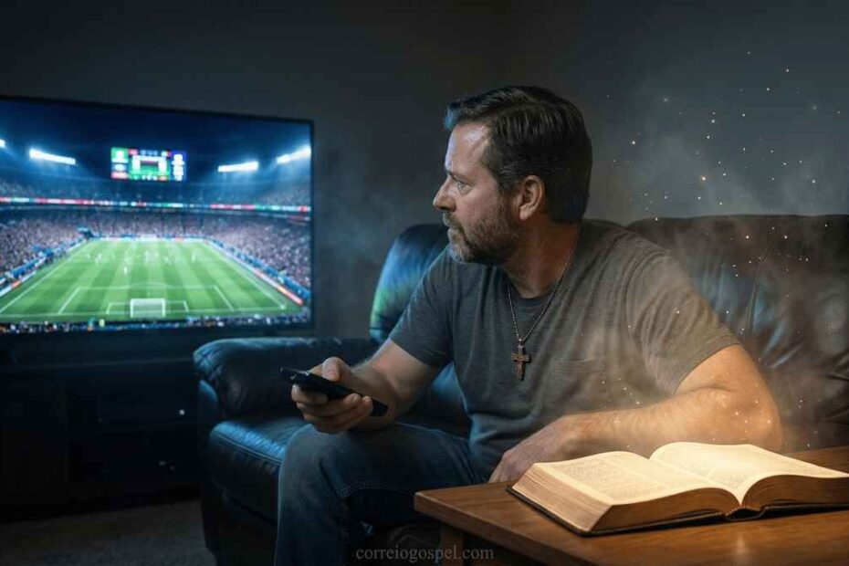 O cristão pode assistir futebol? Homem em frente a tv assisntindo futebol