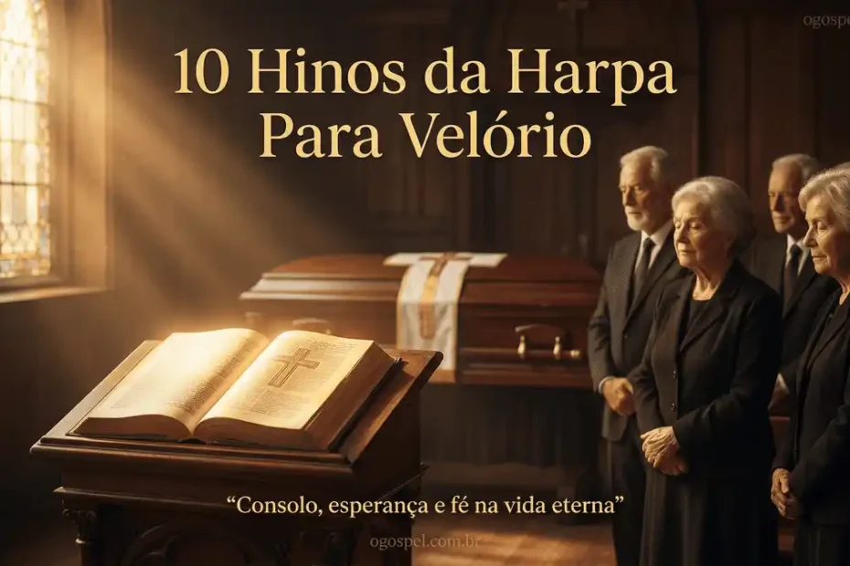 Imagem de um velório evangélico com Bíblia iluminada e luz celestial, representando consolo e esperança, com o texto “10 Hinos da Harpa Para Velório”.