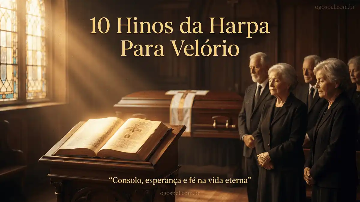Imagem de um velório evangélico com Bíblia iluminada e luz celestial, representando consolo e esperança, com o texto “10 Hinos da Harpa Para Velório”.