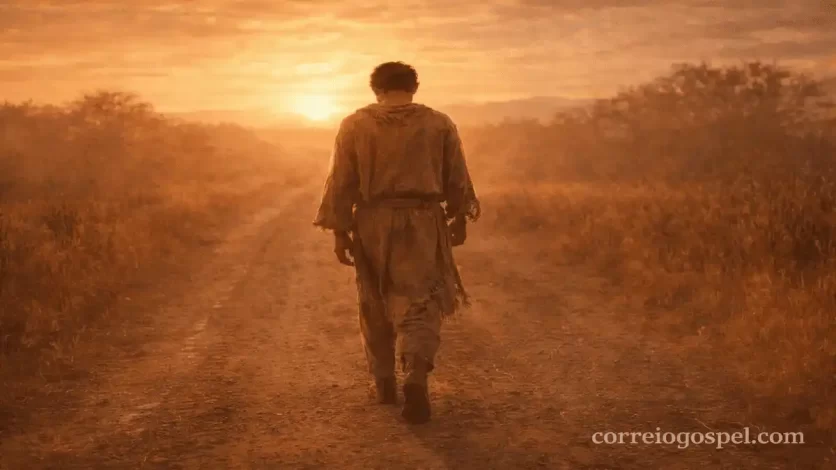 Homem caminhando sozinho por estrada de terra ao entardecer, representando o retorno do filho pródigo em Lucas 15