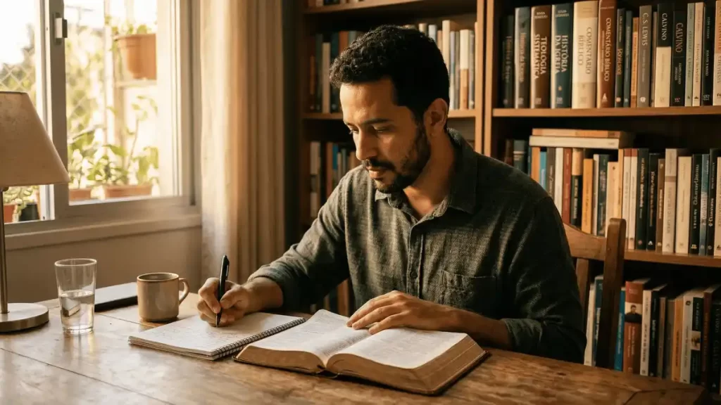 Homem sentado à mesa estudando a Bíblia aberta, representando o estudo em curso de Teologia online