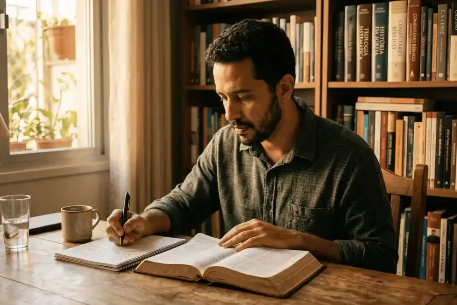 Homem sentado à mesa estudando a Bíblia aberta, representando o estudo em curso de Teologia online