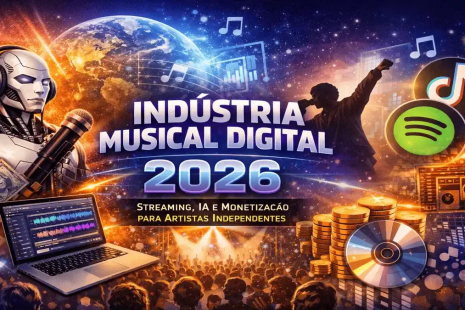 Artista independente usando inteligência artificial, streaming e plataformas digitais como Spotify e TikTok para ganhar dinheiro na indústria musical em 2026
