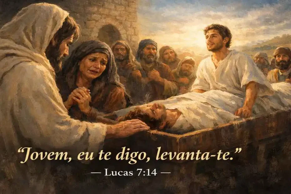 Portão de pedra de cidade antiga ao entardecer com luz dourada, representando a saída do cortejo fúnebre da viúva de Naim descrito em Lucas 7:11-17