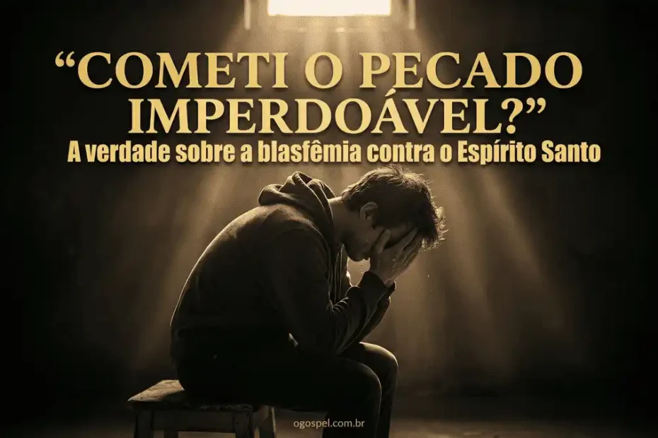 Homem jovem em desespero, sentado no escuro com expressão de angústia, enquanto uma luz suave simboliza a presença de Deus, representando o medo de ter cometido a blasfêmia contra o Espírito Santo.