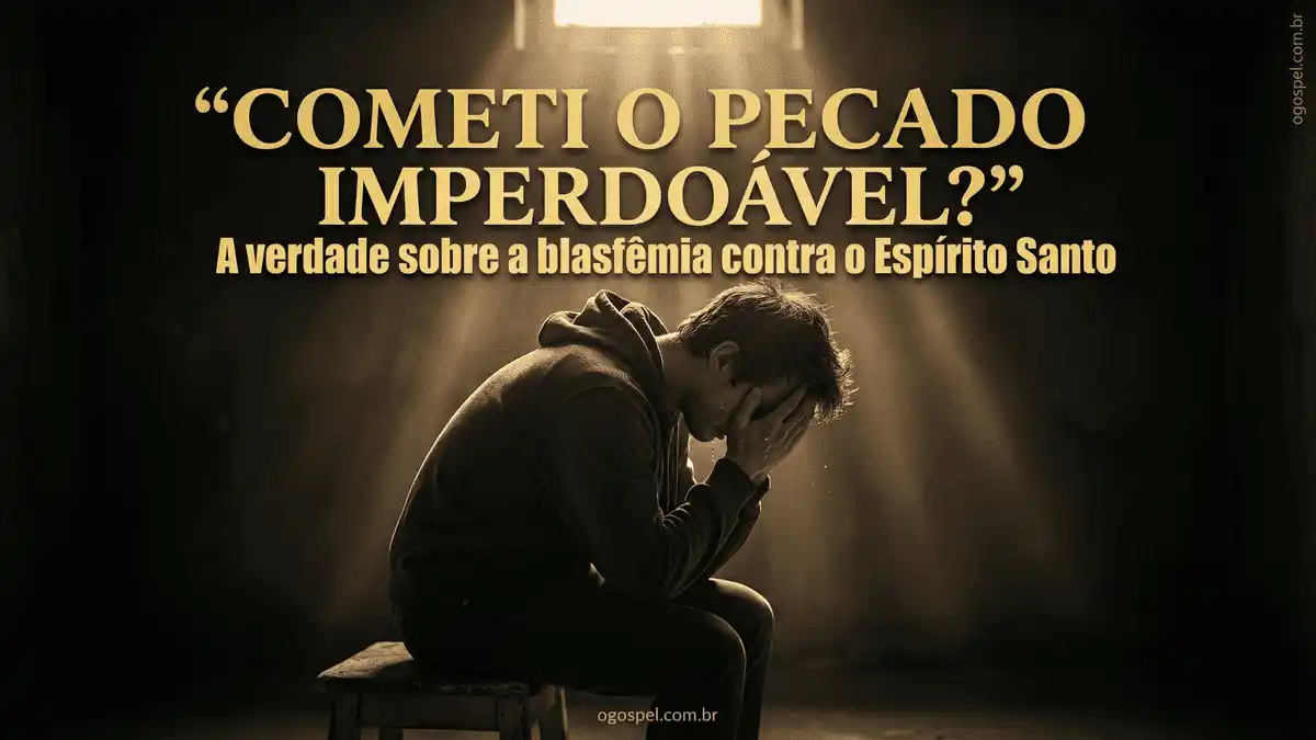 Homem jovem em desespero, sentado no escuro com expressão de angústia, enquanto uma luz suave simboliza a presença de Deus, representando o medo de ter cometido a blasfêmia contra o Espírito Santo.