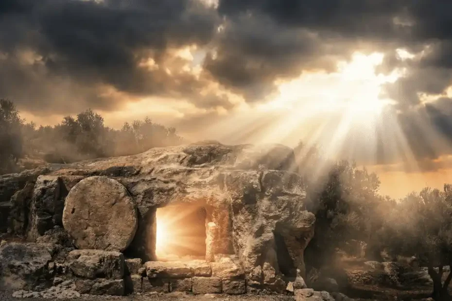 **TÍTULO DA IMAGEM (nome do arquivo):** ``` hinos-harpa-crista-pascoa-sangue-jesus ``` **TEXTO ALT:** ``` hinos da Harpa Cristã para a Páscoa com luz da ressurreição saindo do túmulo vazio de Jesus ```