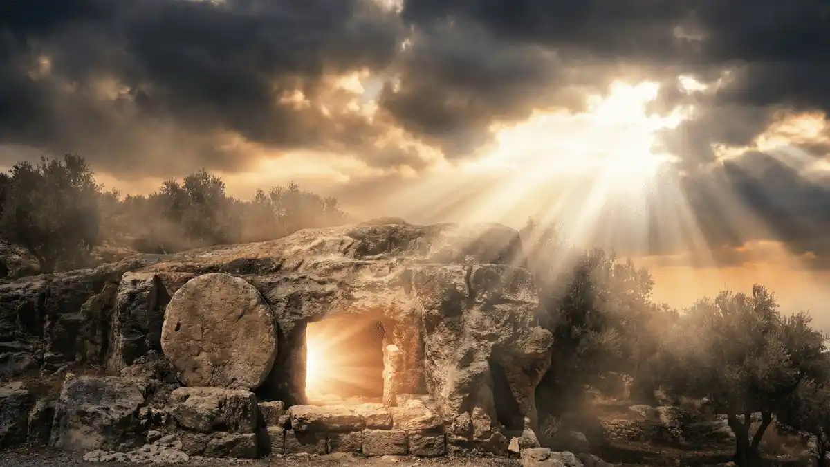 **TÍTULO DA IMAGEM (nome do arquivo):** ``` hinos-harpa-crista-pascoa-sangue-jesus ``` **TEXTO ALT:** ``` hinos da Harpa Cristã para a Páscoa com luz da ressurreição saindo do túmulo vazio de Jesus ```