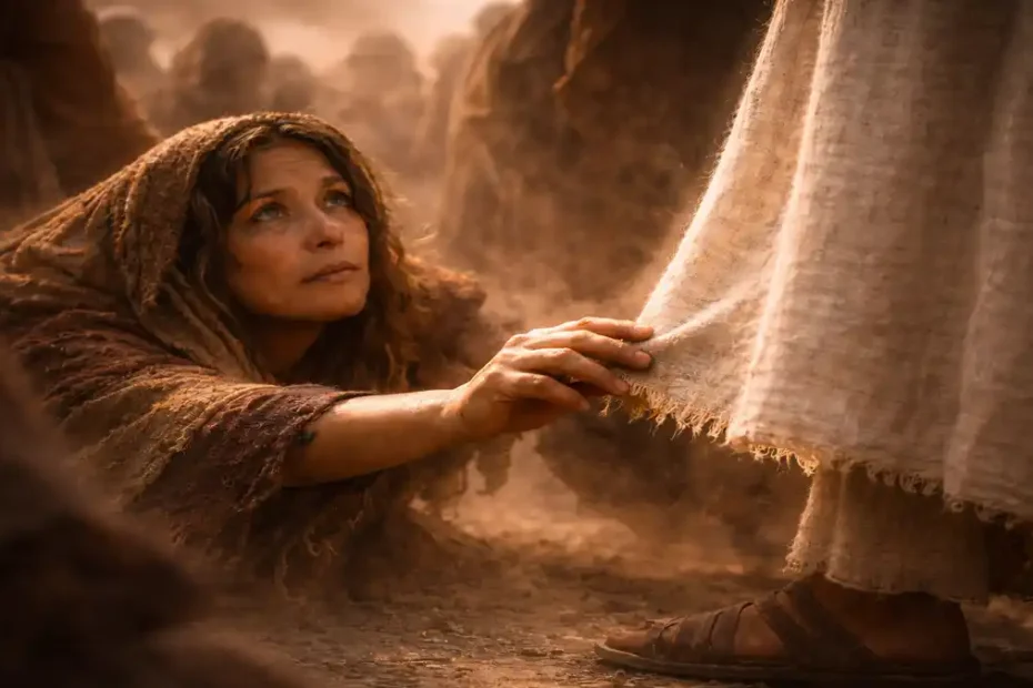 Mulher do fluxo de sangue estendendo a mão para tocar a orla das vestes de Jesus em meio à multidão, representando a cena de Marcos 5:25-34.