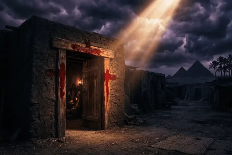 Porta hebraica marcada com o sangue do cordeiro pascal no Egito, iluminada por luz divina dourada sob um céu noturno tempestuoso — representando o verdadeiro significado da Páscoa segundo a Bíblia.