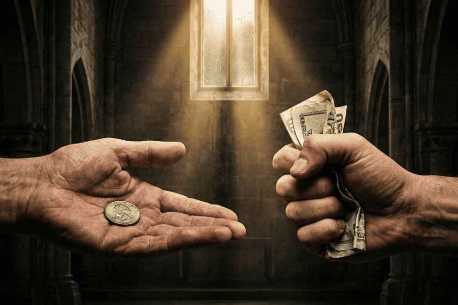 Dízimos e as Ofertas. Mãos simbolizando a tensão entre oferta voluntária e cobrança financeira na igreja — dízimos e ofertas na Bíblia