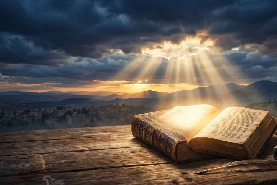 O que é Escatologia? Um guia bíblico sobre o fim dos tempos - Bíblia aberta com luz dourada e céu ao amanhecer